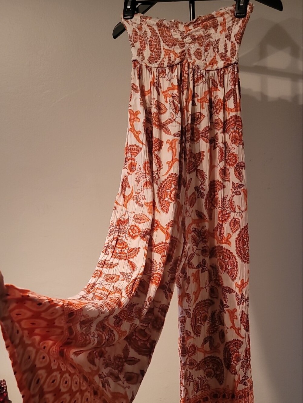 Angie Boho Smocked Bodice Floral Print Wide-Leg Jumpsuit in with Pockets
